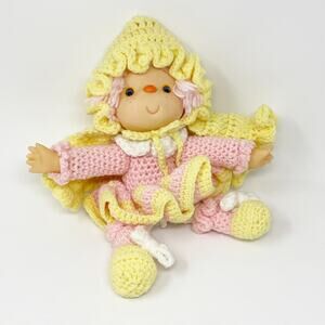 Vintage Handmade Crochet Doll Yellow Pink Elf Pixie Vinyl Face Hands Yarn Hair